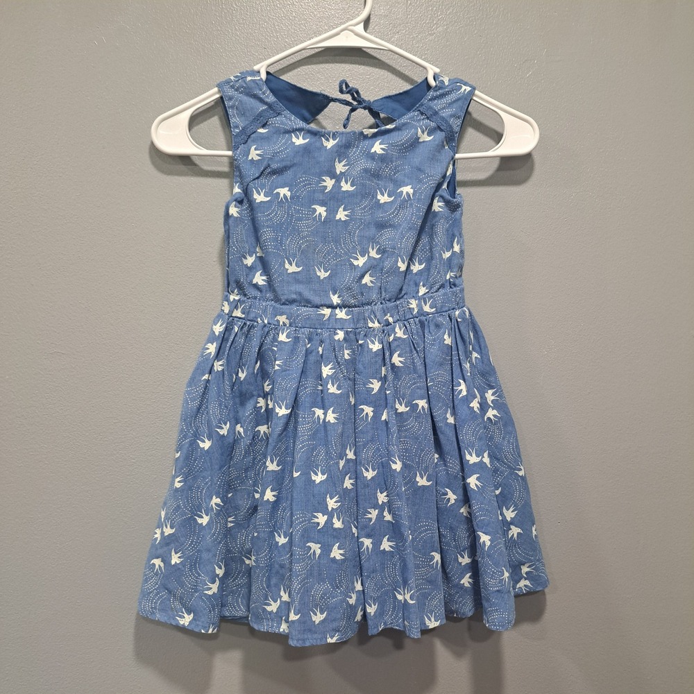 Girls Blue Bird Chambray Denim Cotton Dress Size 5Y Whimsical Summer Boho